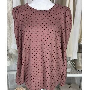 Chenault Women's Size M Mauve & Black Polka Dot Puff Shoulder Blouse #0594